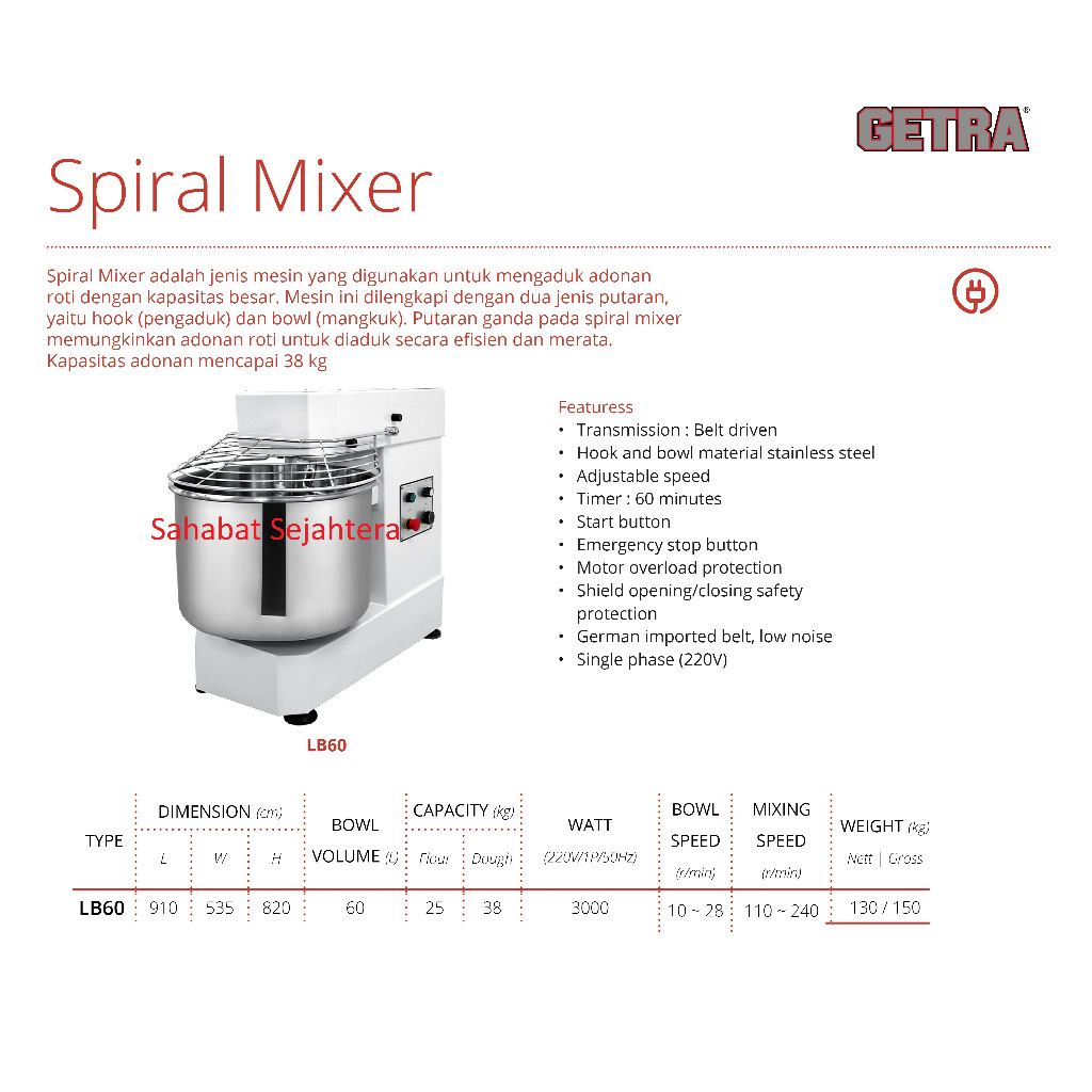 GETRA Spiral Mixer Roti Adonan Tepung LB60 | Mesin Pengaduk Adonan Kental Heavy Duty