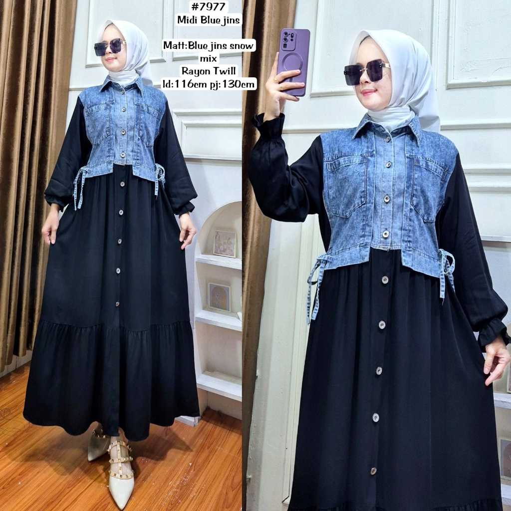Midi Dress Blue Jeans Wanita Mix Terbaru 2025 - Gamis Jeans Wanita Panjang Busui Casual