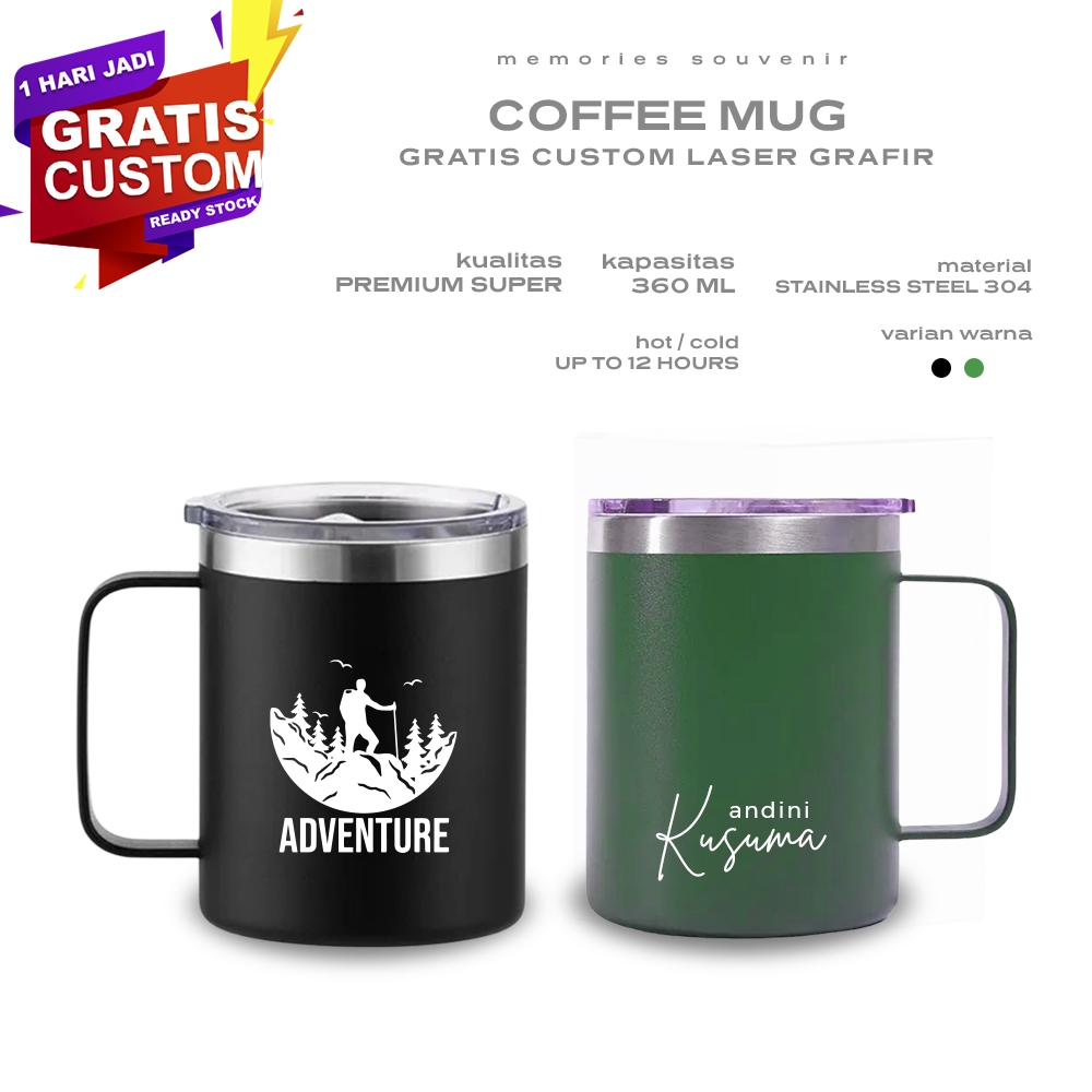 Mug Coffee 360ml Stainles steel Gratis Grafir 1 sisi Nama Logo / gelas custom logo/ cangkir kopi cet