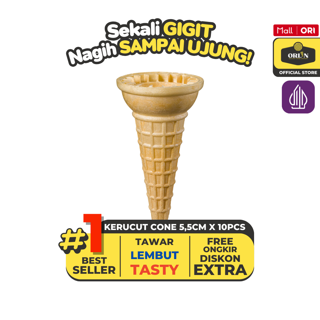 

ORLIN Wafer Cup Cone Ice Cream Kerucut 5,5cm x 12cm isi 10pcs Sekali Gigit, Nagih Sampai Ujung