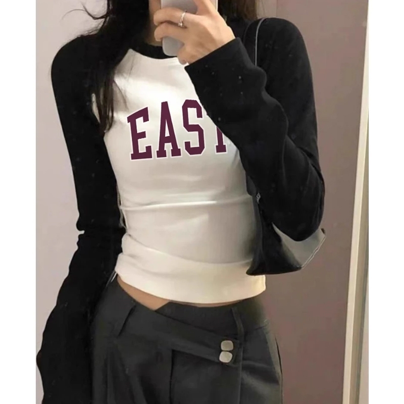 YIKOO - Korea Kaos Lengan Panjang Atasan Wanita Sexy Crop Top