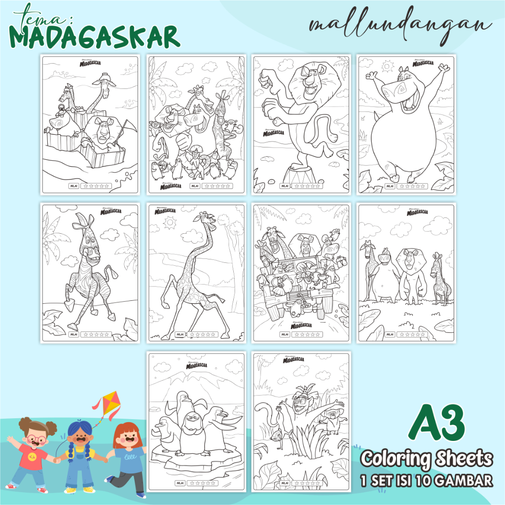 

LEMBARAN MEWARNAI ANAK A3 - TEMA MADAGASKAR - PAPER COLORING SHEETS FOR KIDS