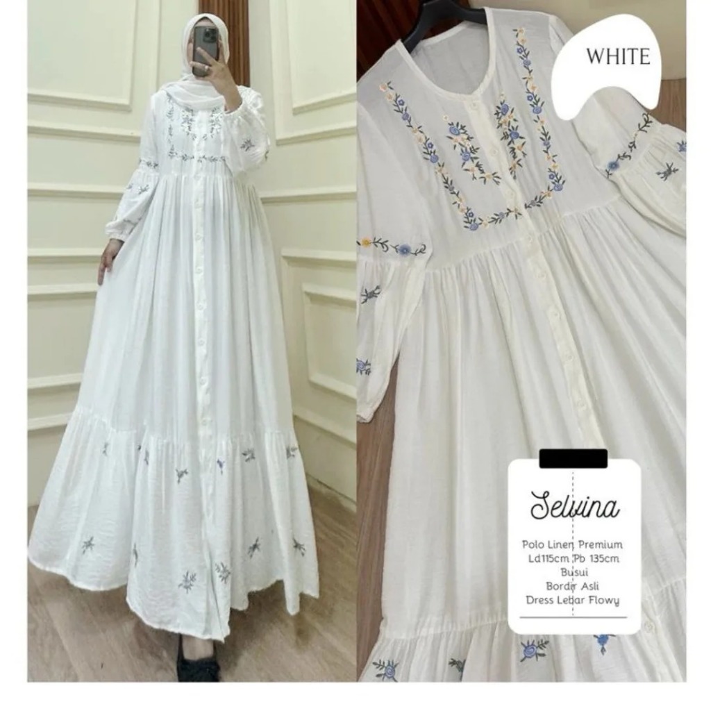 Gamis Kondangan Jumbo Terbaru Selvina Dress WD Bahan Linen Rami Aplikasi Bordir Baju Wanita Viral Dr