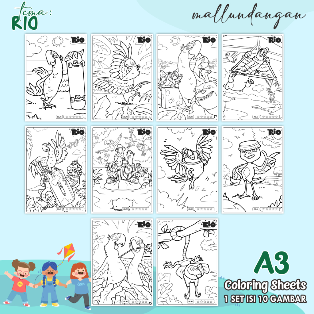 

LEMBARAN MEWARNAI ANAK A3 - TEMA RIO - PAPER COLORING SHEETS FOR KIDS