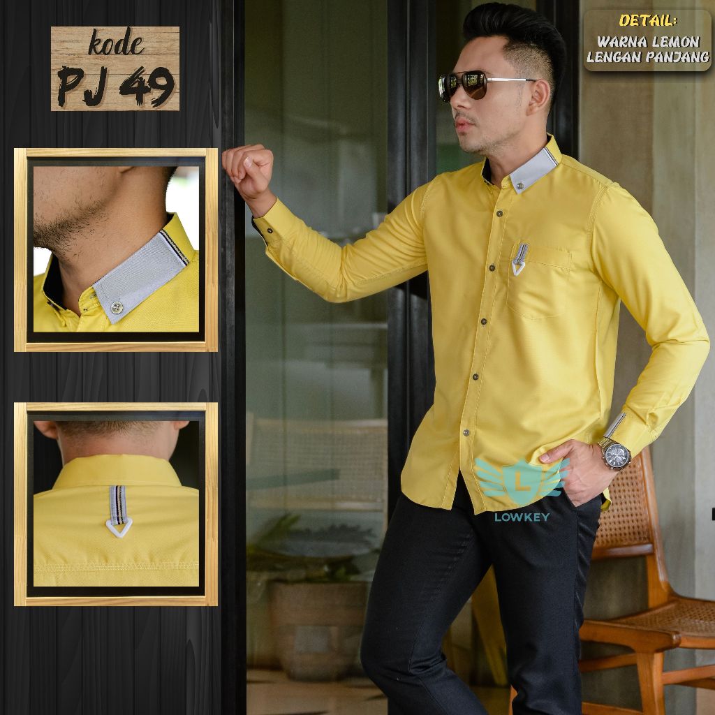Kemeja Pria Slimfit Lowkey Premium PJ 49 Kuning Lemon | Hem Atasan Kemeja Baju Laki-laki/Cowok Slimf