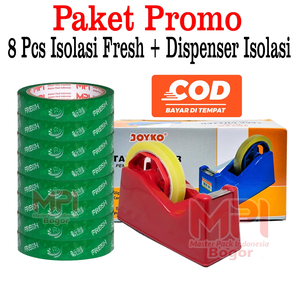 

CTK031 PAKET PROMO - 8 Pcs Isolasi Fresh Hijau 18 mm x 50 Meter + Dispenser Isolasi Joyko