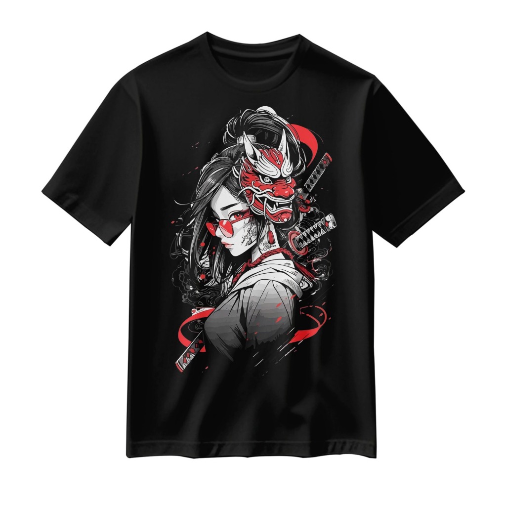 BSC-Kaos Distro Samurai Topeng Oni Unisex Streetwear Jepang-Black