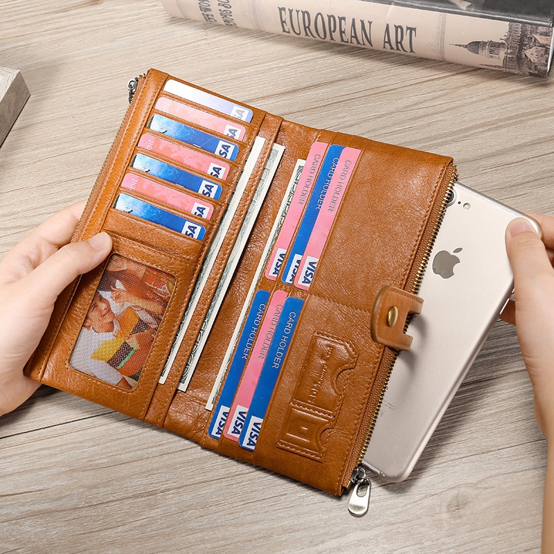 Dompet Kulit Asli Pria Wanita 14 Slot Kartu RFID Anti-Magnetik | Vintage Oil Wax Leather Long Wallet