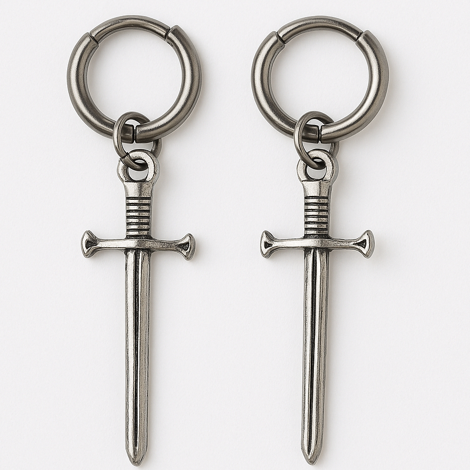 TERMURAH - 1 Pasang Anting Tindik Bulat Pria Liontin Pedang Stainless Steell