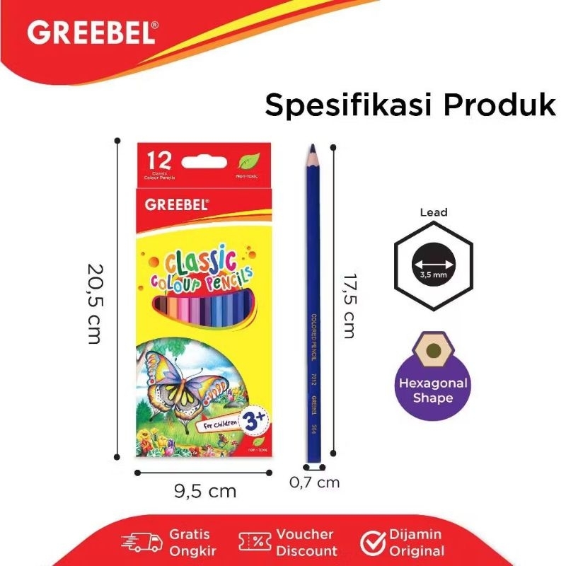 

GREEBEL Pensil Warna 12 Warna Panjang / Classic Color Pencils (7012) Warna Lebih Nyata / Mewarnai Menggambar