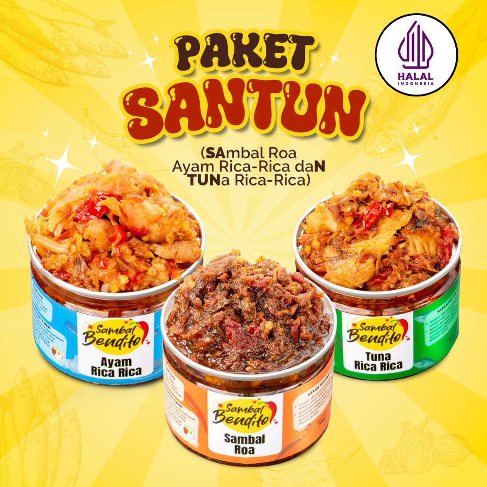 

BENDITO Paket Santun Sambal Roa Asap Asli Manado dan Ayam Suwir Pedas Goreng dan Tuna Suwir Rica