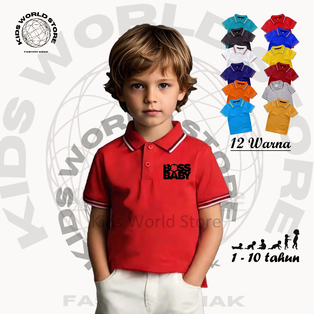 KIDS WORLS STORE Kaos Kerah Wangki Anak 1-10th LOGO BABY BOSS TERKEREN/ baju atasan anak unisex