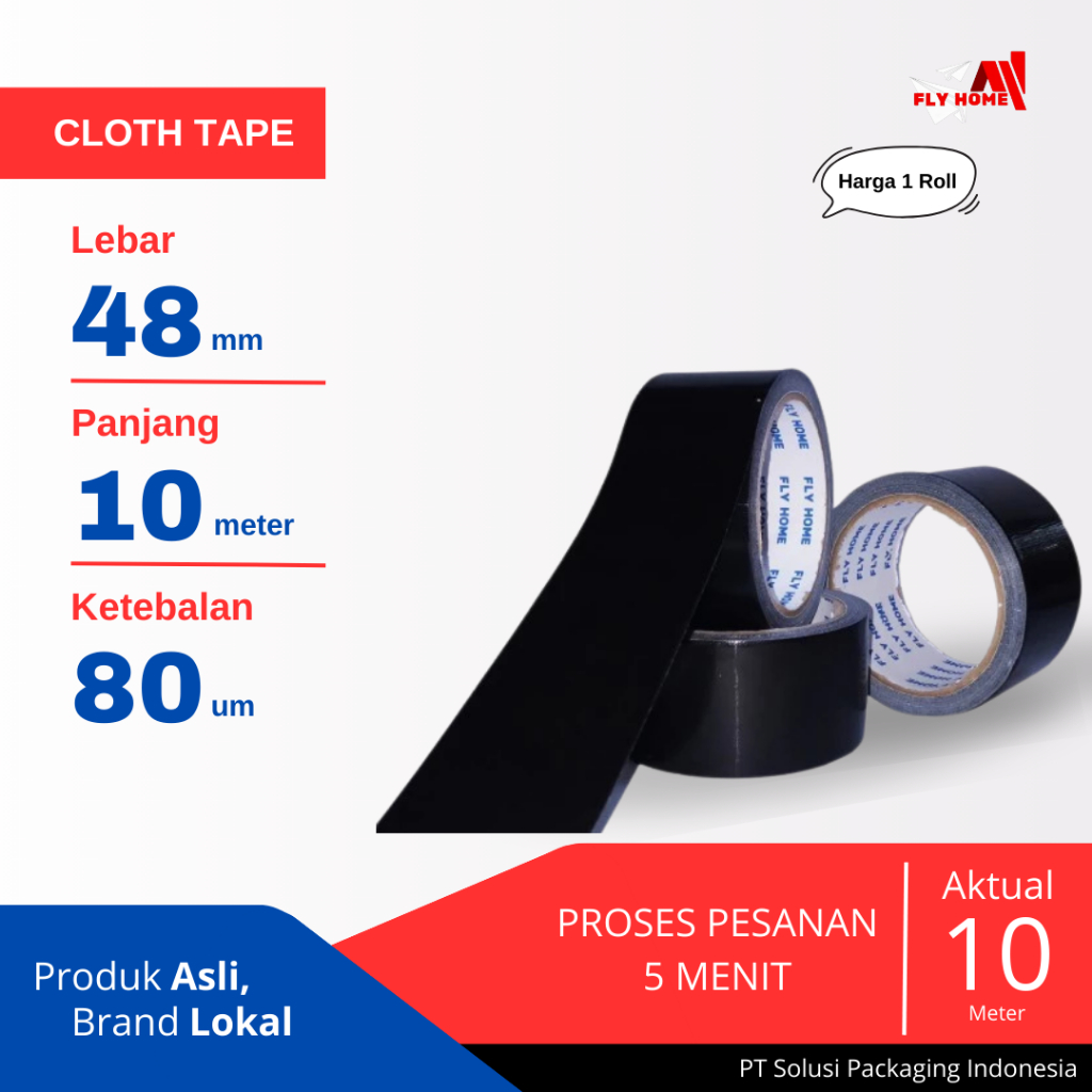 

FLYHOME Lakban jilid/kain hitam 10meter 48mm x 10m 1 roll cloth tape ukuran full