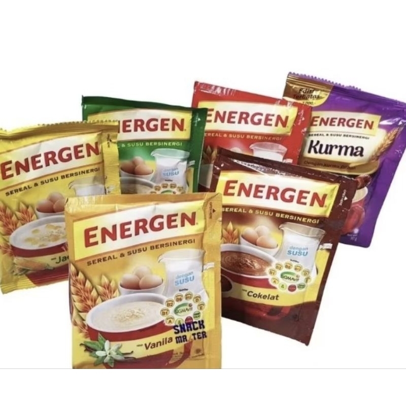 

Energen sereal sachet rasa coklat,vanila dan kacang hijau