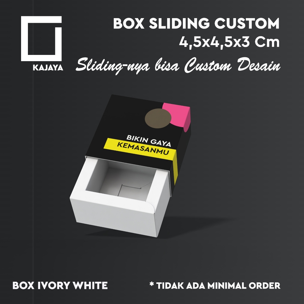 

Box Sliding Custom 4,5x4,5x3 cm Coil Vape Cincin Kemasan Packaging Sabun Ear Phone Korek Api Asesori