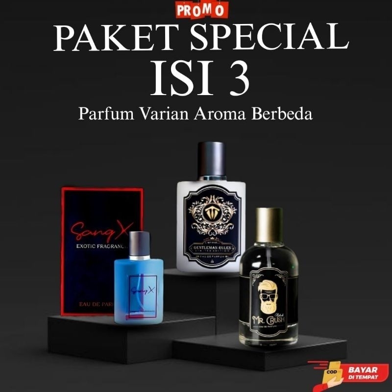 paket SPECIAL ISI 3 ( parfum GENTLEMAN RULES +MR CRUSH BLACK +SANG X PARFUME PRIA YANG VIRAL -aroma 