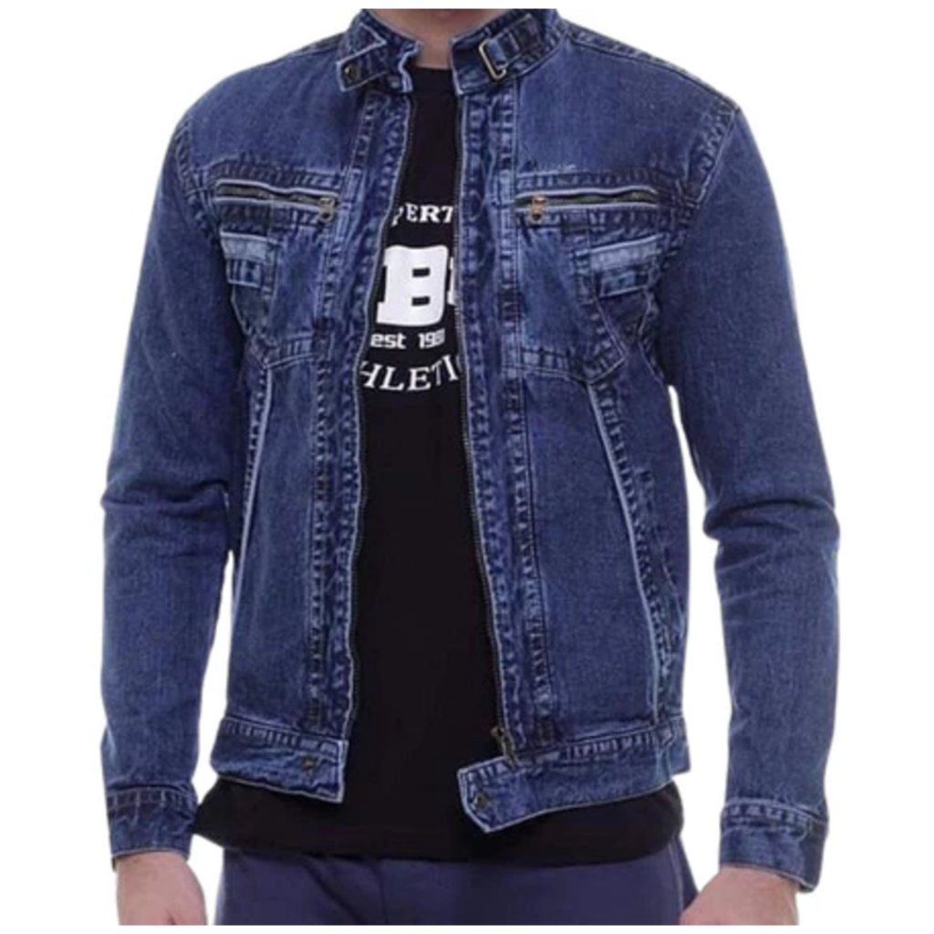 jaket Jeans Resleting Pria Zipper Biowash Jumbo M L XL XXL XXXL