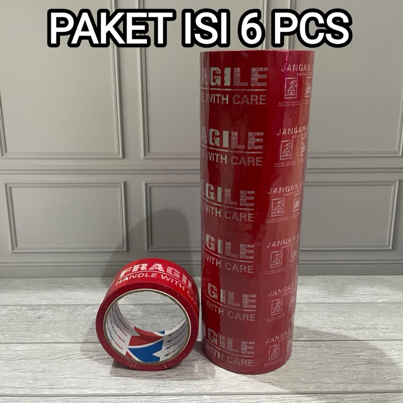 

( PAKET ISI 6 PCS ) LAKBAN FRAGILE MERAH KUALITAS BAGUS 48mm x 40m KUAT BERKUALITAS
