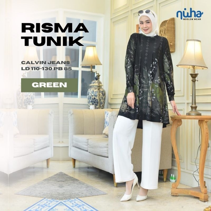 RISMA TUNIK ATASAN BAJU WANITA MUSLIM TERBARU 2025 BAHAN CALVIN JEANS JUMBO LD 110 MELAR 130 PB 85 G