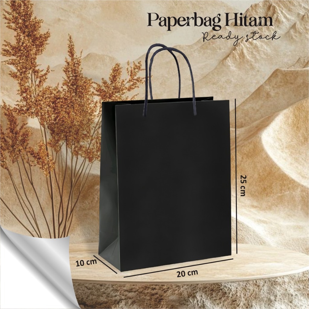 

PAPER BAG HITAM POLOS - TAS SOUVENIR PERNIKAHAN BAHAN KERTAS SOFT KARTON UKURAN 20 X 25 X 10 CM