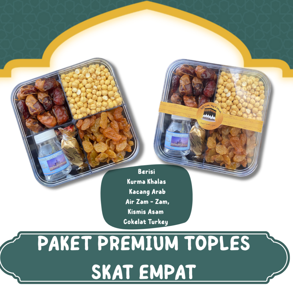 

OLEH OLEH HAJI DAN UMROH PAKET PREMIUM SUPER HEMAT PAKET TOPLES SKAT EMPAT BERISI KURMA I AIR ZAMZAM I COKLAT TURKEY I KISMIS ASAM I KACANG ARAB I HAMPERS PREMIUM