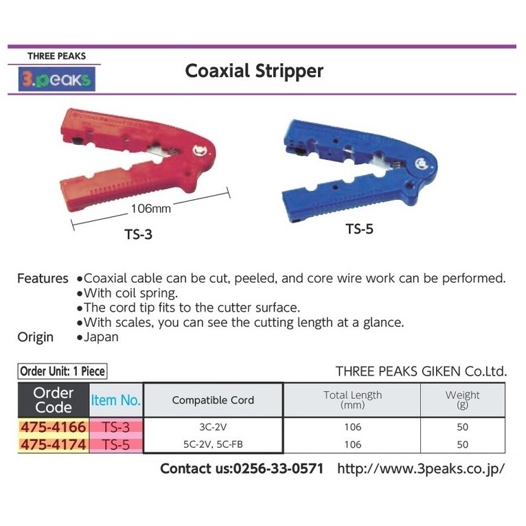 Cable Coaxial Stripper Cord 3C-2V THREE PEAKS TS-3