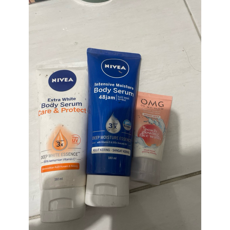 nivea body serum insetive dan extra + facial wash omg