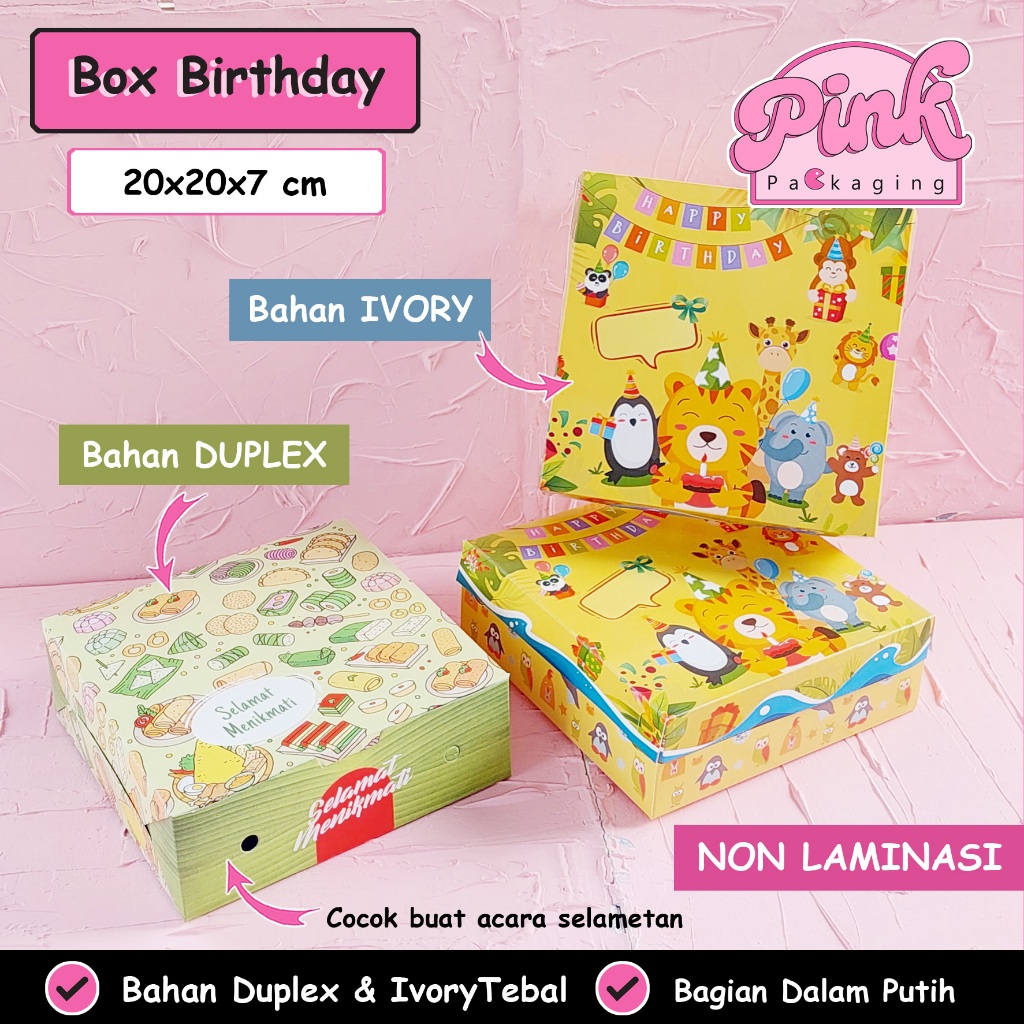 

Kotak Makan Box Nasi Renda Duplex 20x20x7 Tumpeng Mini Putih Pink Ungu Motif Birthday NON Laminasi