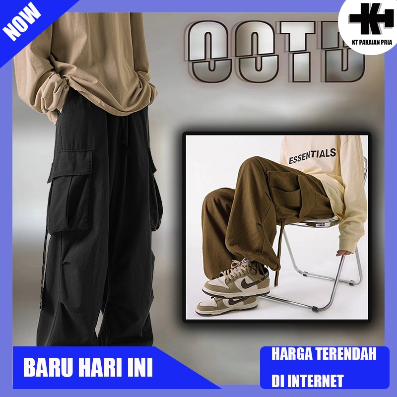 Celana jogger pria Celana pria panjang longgar lurus Cargo pria panjang Celana training joger pria C
