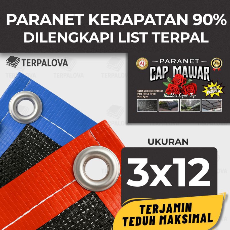 TERPALOVA - Paranet 3x12 Meter 90% – Peneduh Tanaman Lengkap Jahitan + Ring Mata Ayam Siap Pakai