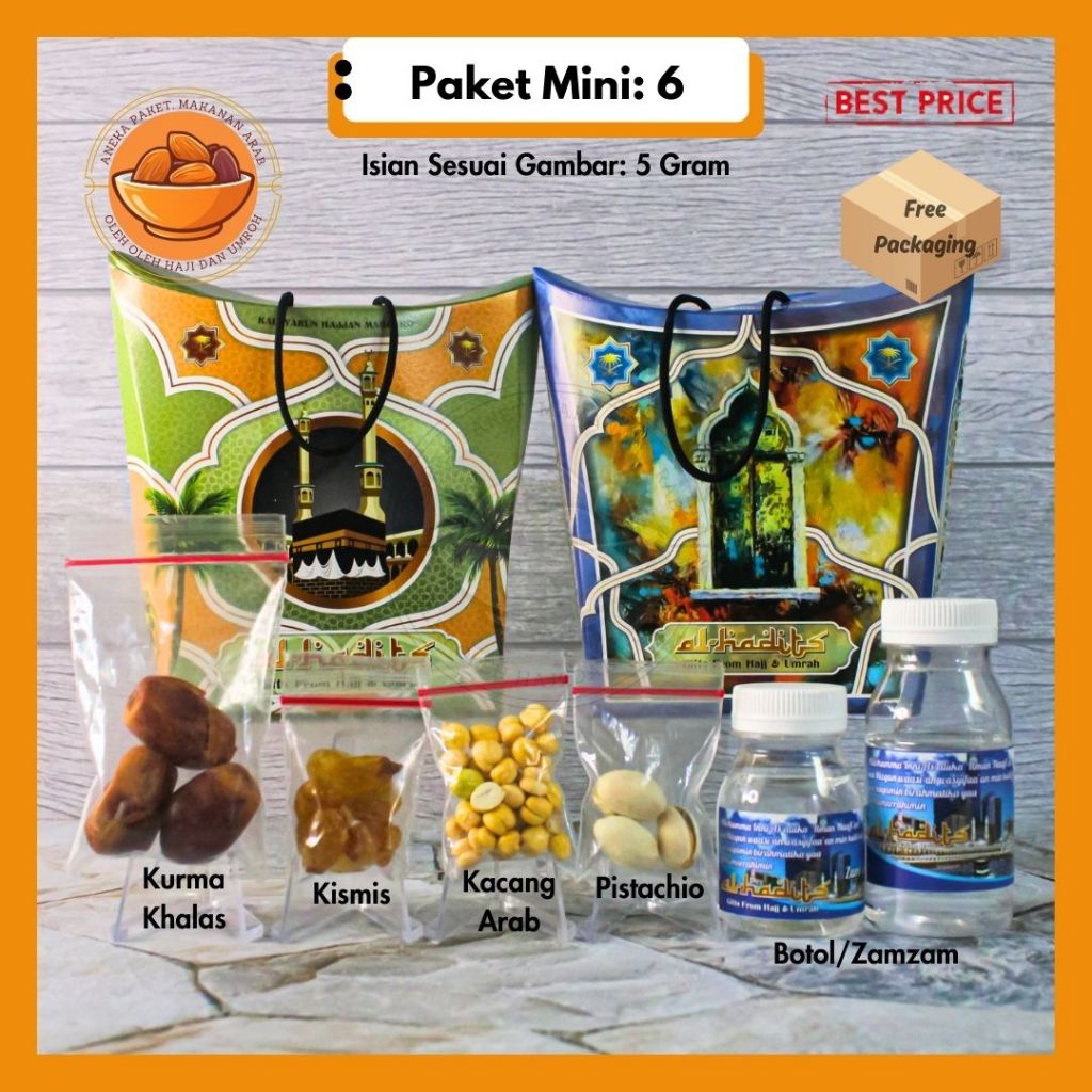 

Paket Oleh Oleh Haji dan Umroh Mini 5gr Kemasan Dus Tali Jinjing + Air zamzam + Kacang Arab + Coklat Arab 5gr