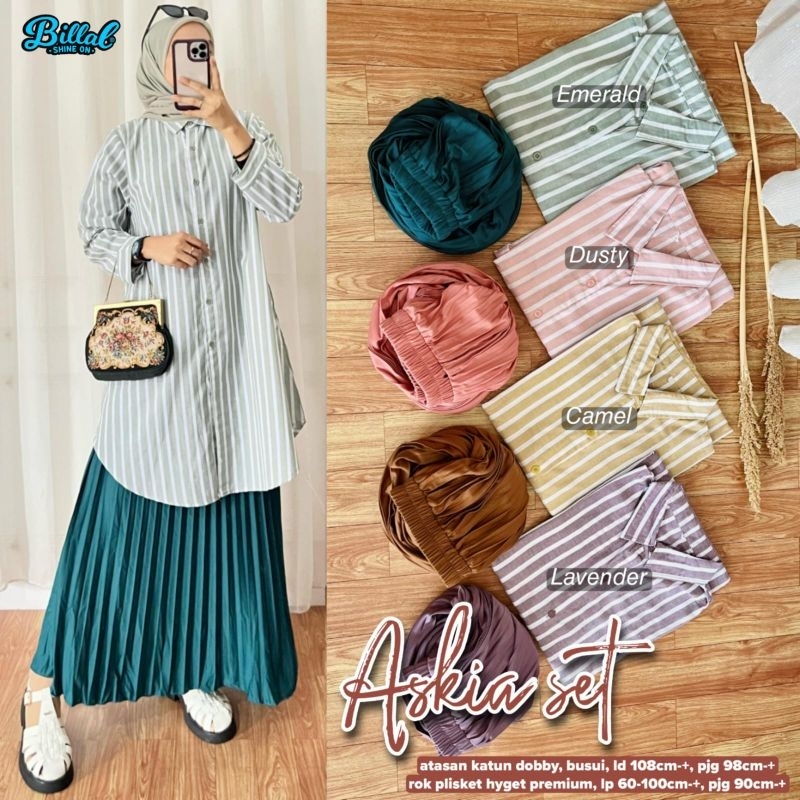 Set Tunik Katun Bergaris dan Rok Plisket • Setelan Wanita Formal • Set Murah Harian Kantoran • Askia