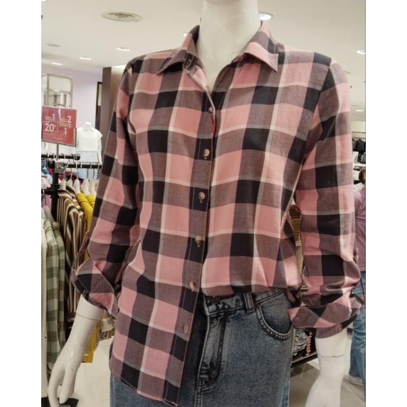 AKO kemeja wanita katun pink kotak kotak
