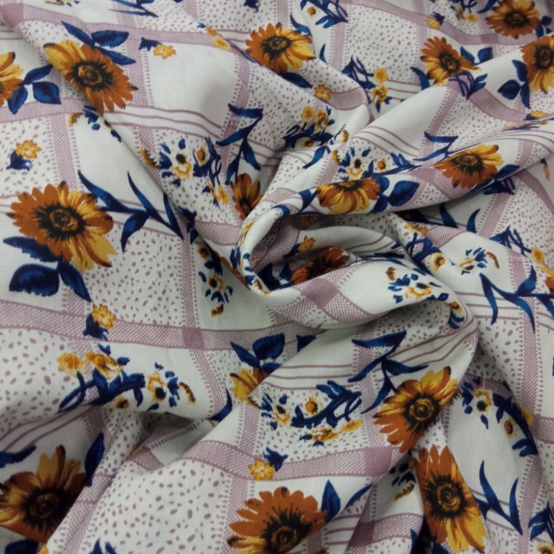 KAIN RAYON KATUN PREMIUM GARMENT BUNGA KUNING BIRU