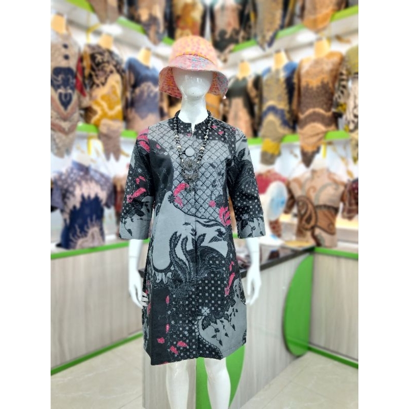 batik Tunik MERAK abu model kancing depan sudah full kancing sampai bawah By Qistina batik