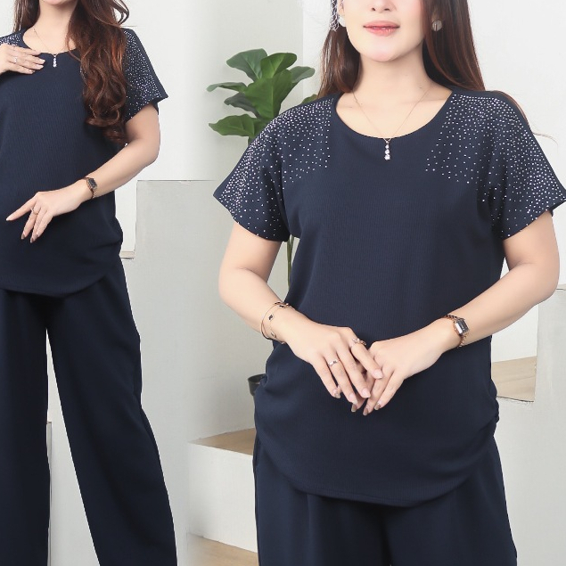 Al Arsy - Setelan Wanita Knit Premium - One Set Knit Rib - Baju Set Celana Warna Nevi Outfit