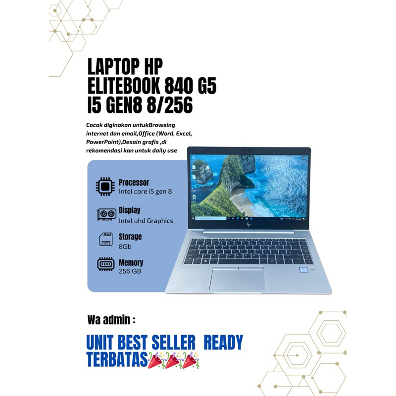 Laptop Hp EliteBook 840 g5 core i5 gen 8  RAM 8GB SSD 256Gb