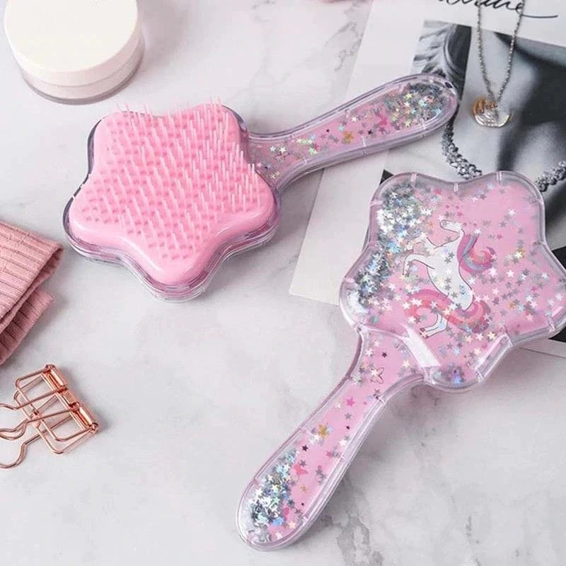 Sisir Anak Perempuan Unicorn Glitter Motif Hello Kitty Dan Bintang - Sisir Rambut Viral Pink