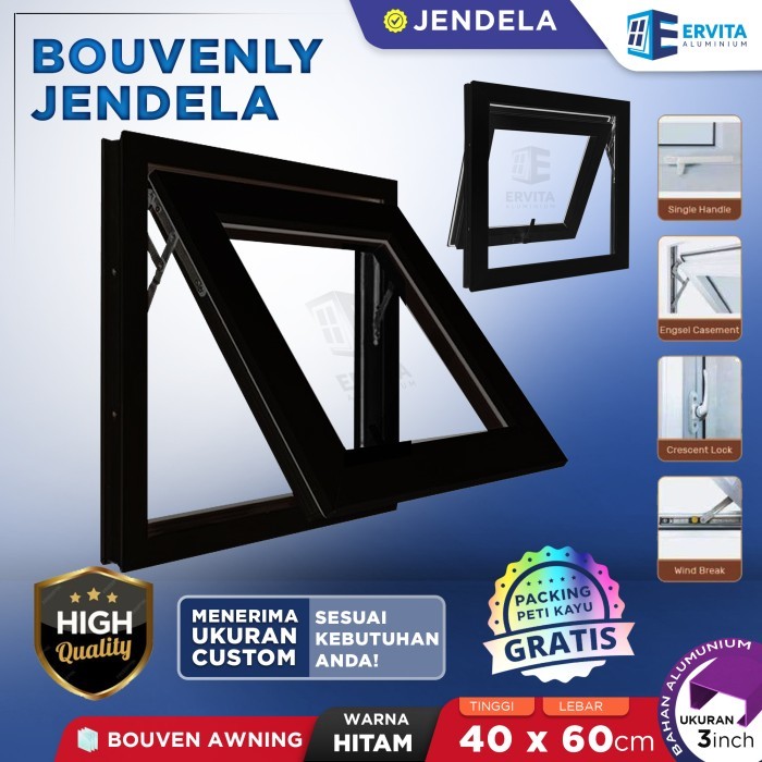 Kusen Jendela Aluminium - Bouvenly Awning - Ukuran 40 x 60 cm - Hitam