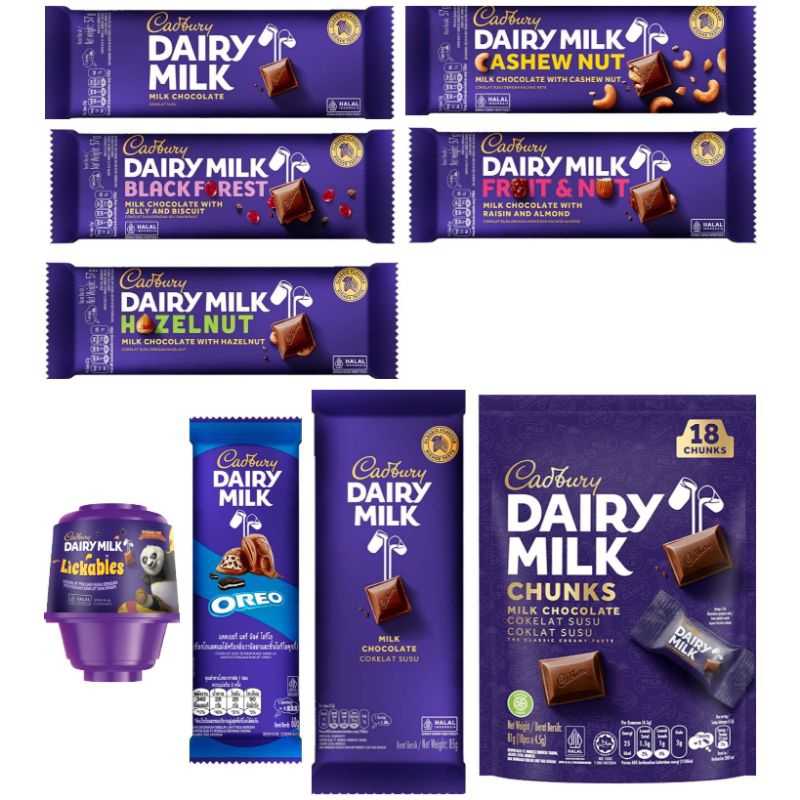 

Cadbury Dairy Milk Aneka coklat milk cashew nut fruit lickables black forest hazelnut oreo besar kecil mini bites
