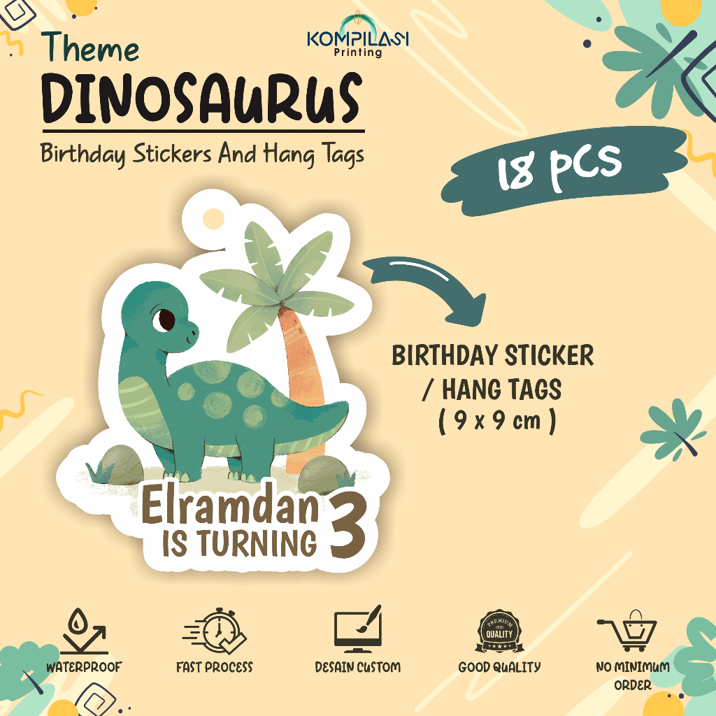 Cetak Hang Tag & Stiker Ulang Tahun tema DINOSAURUS ( 18 PCS ) / Label Tag Ulang Tahun Murah / Hang 