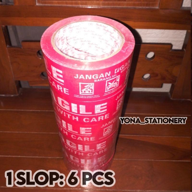 

Lakban Fragile / Lakban Plastik Jangan Dibanting Mudah Pecah atau Bocor ( 1 Slop: 6 Pcs ) 100 Yard | Fragile Merah Bodhi Tape