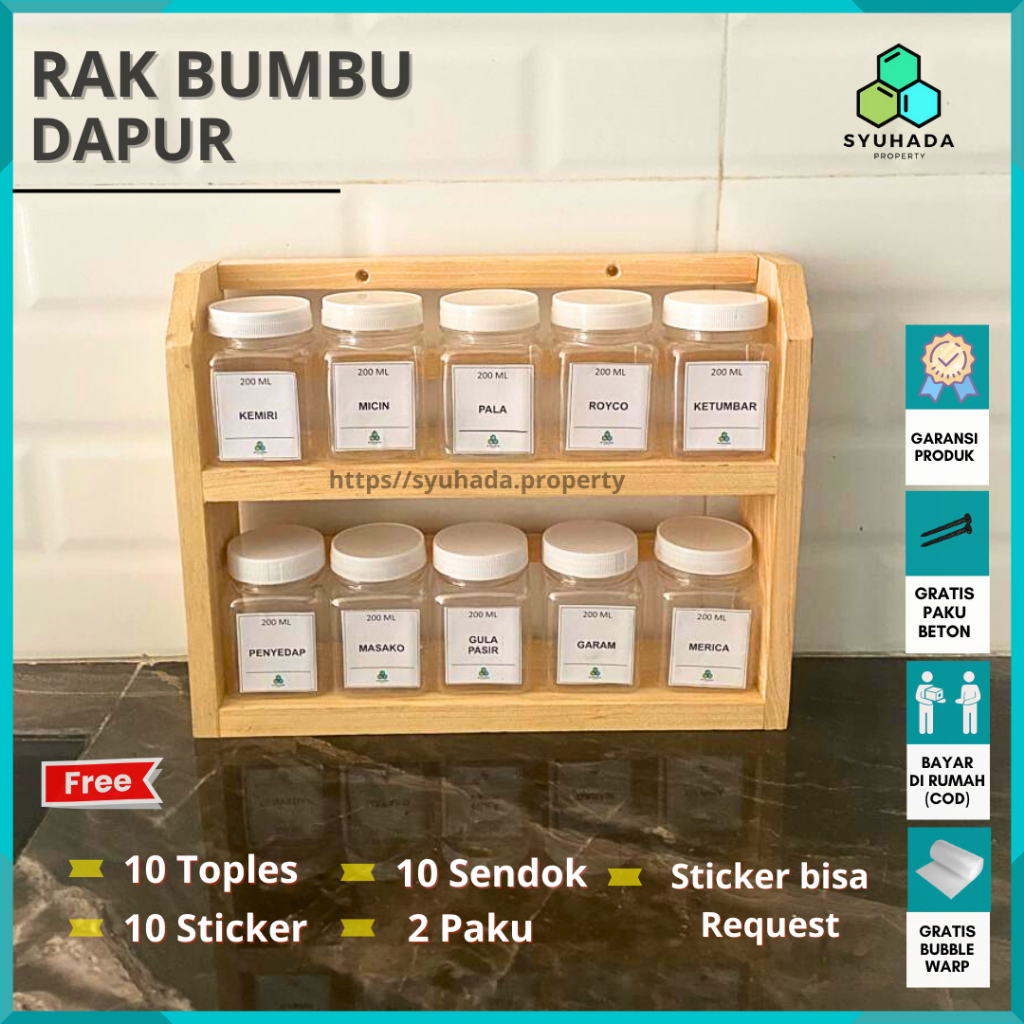 [COD-TERMURAH] Tempat Bumbu dapur kayu 2 susun lengkap dengan toples sendok dan stiker bumbu (S2)