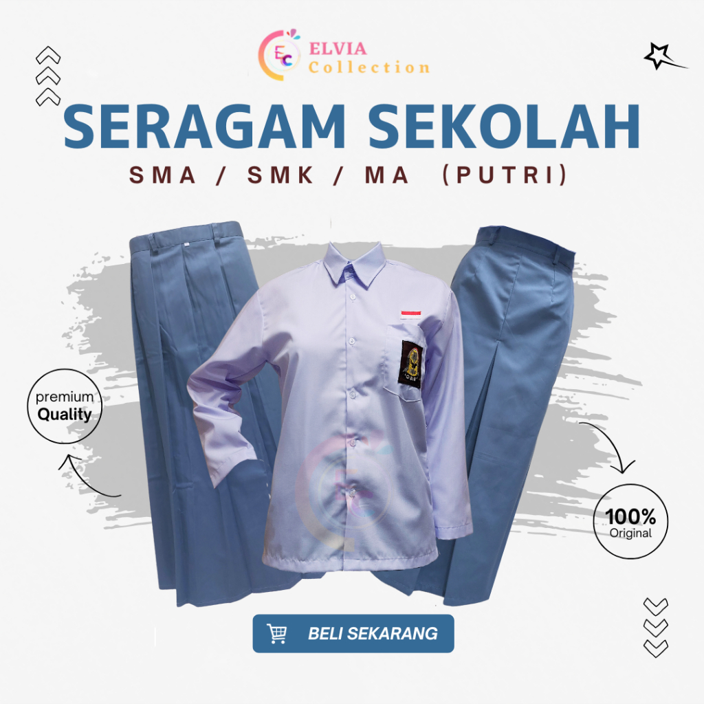 Elvia - Seragam Putih Abu Perempuan -  Seragam Sekolah SMA MA Putri Baju Putih Panjang Rok Span Abu