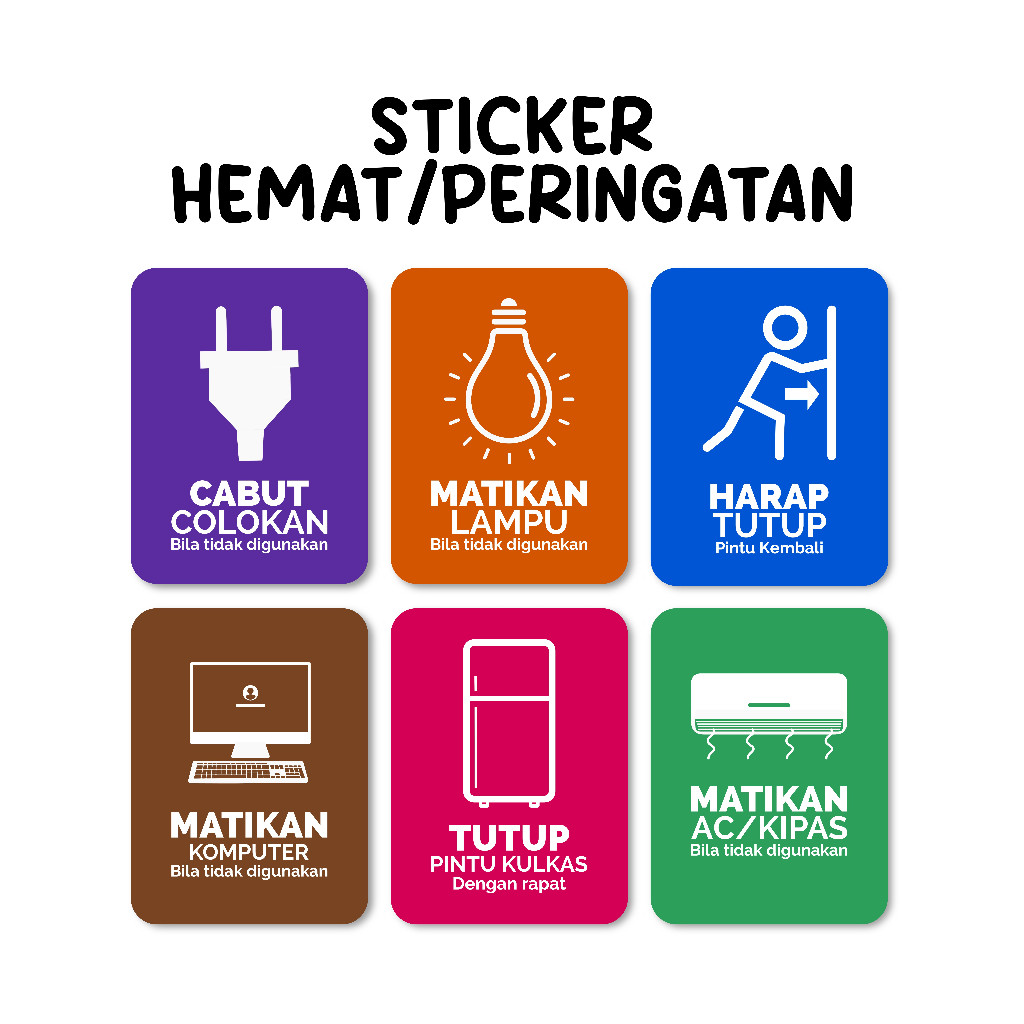 

Stiker Peringatan Warning Lengkap Matikan Lampu Tutup Kran Air Matikan Kipas Matikan AC Cabut Colokan Matikan Komputer Tutup Pintu Kulkas Kran Air Sumur Stiker Awet Tahan Air Sudah Dipotong Sticker Vinyl Laminasi Doff Die Cut Warna Biru Cerah 8,3x6,2 cm