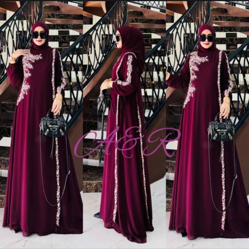 Zifa Fashion || Cod || Raya Dress+Hijab Segi4 || Gamis Set Hijab Terbaru || Gamis Cruty Bordir Payet