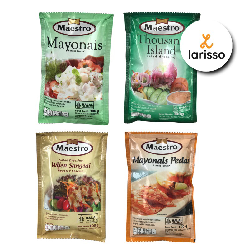

Maestro Mayonaise Sachet 100 Gr - Salad Dressing Wijen Sangrai - Thousand Island - Mayonaise Pedas - Mayonaise Ori