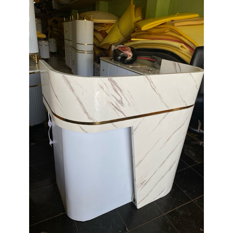 Meja Resepsionis Meja Kasir Estetik Set Lampu LED Meja HPL motif Marmer Minimalis