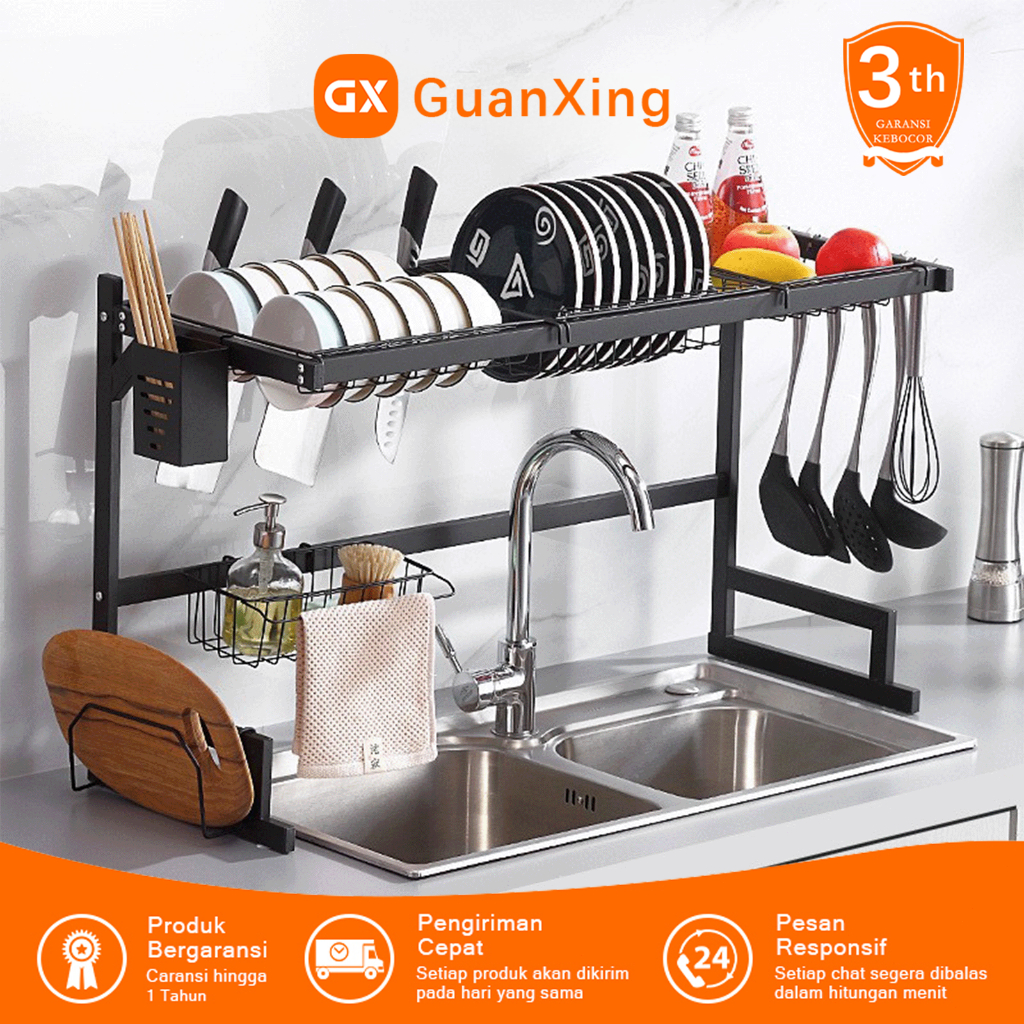 GUANXING- Rak Piring Wastafel Stainless Ditingkatkan Kuat 2 Susun Hitam