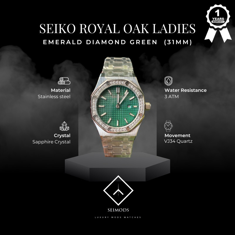 Jam Tangan Seiko Mod Royal Oak Emerald Greem Diamond 31mm VJ34 Quartz Women Watch Perempuan